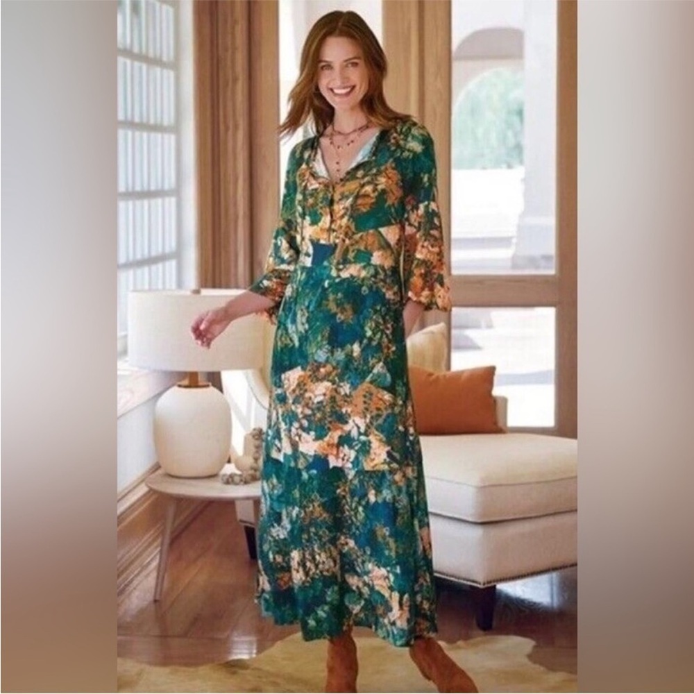 Soft Surroundings Dakota Teal Abstract Floral Long Sleeve Maxi Dress Size Large